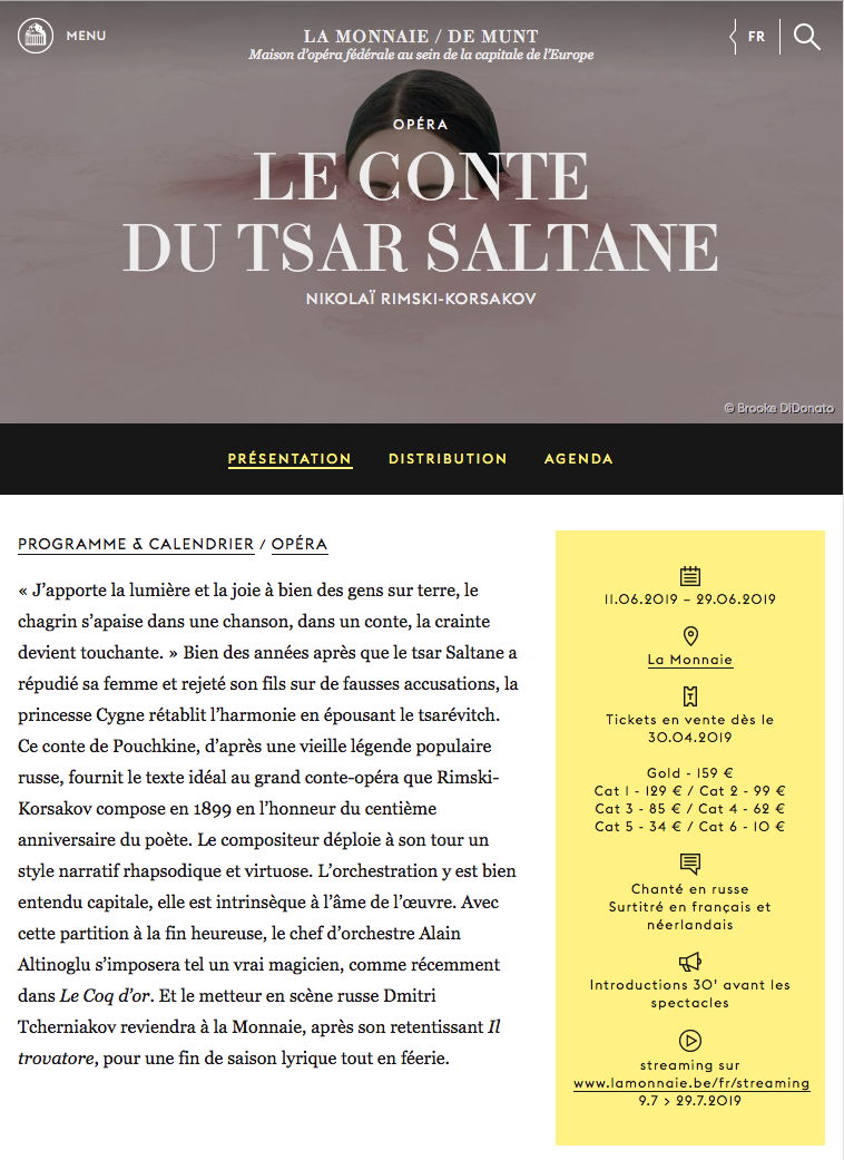 Page Internet. La Monnaie. Le conte du Tsar Saltane de Nikolaï Rimski-Korsakov. 2019-06-11